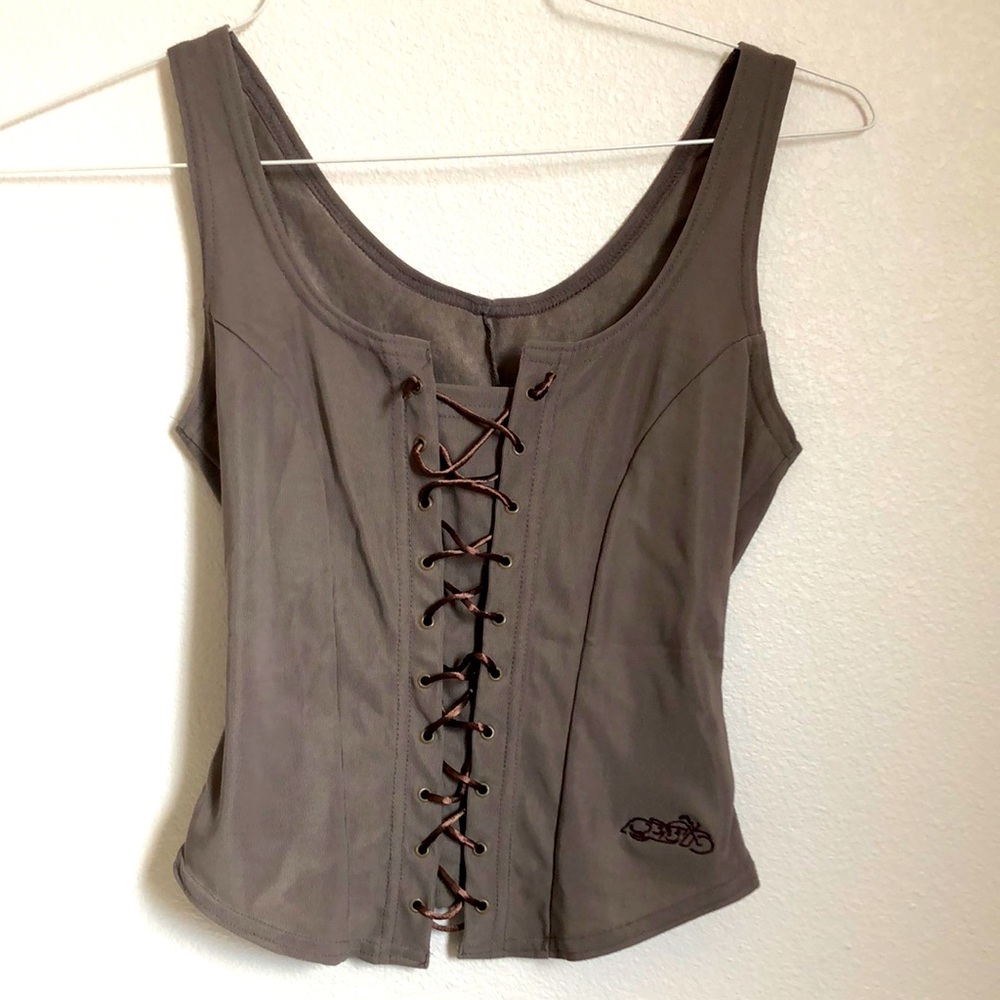 Lace Up Tank w/ Embroidered Motorcycle Detail